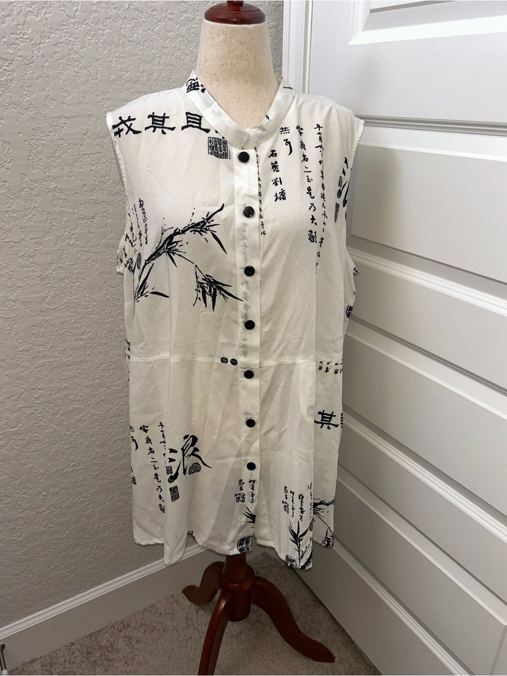 Soft Surroundings Vintage Bamboo Ink Art Sleeveless Tunic Blouse Shirt Top